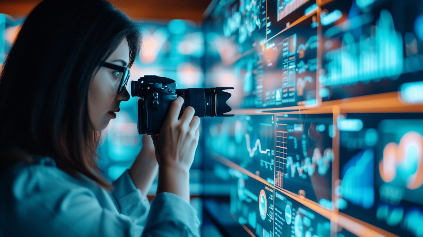 A B2B executive analyzing real-time inventory data with a digital camera. A B2B executive analyzing real-time inventory data with a digital camera.