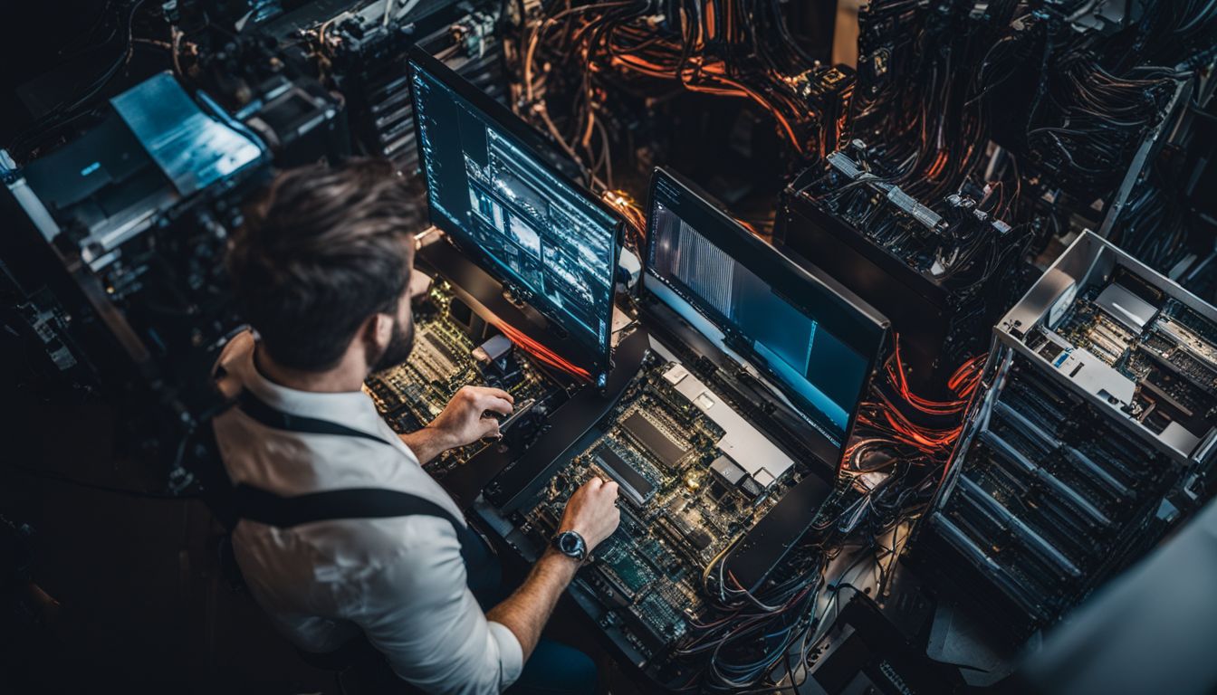 A professional man working on a secure server setup surrounded by technical equipment. A professional man working on a secure server setup surrounded by technical equipment.