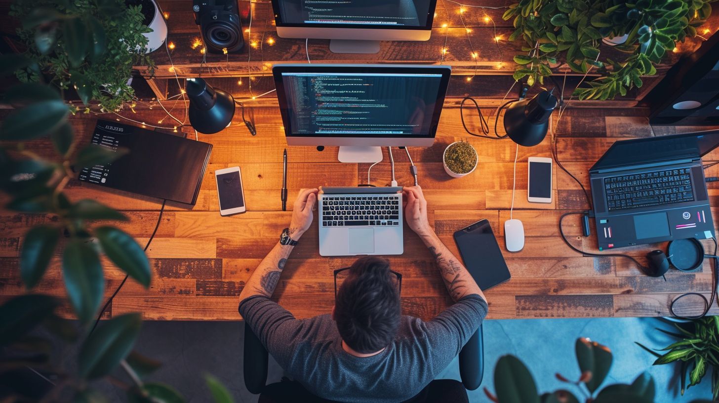 A mobile app developer working in a tech-filled environment. A mobile app developer working in a tech-filled environment.