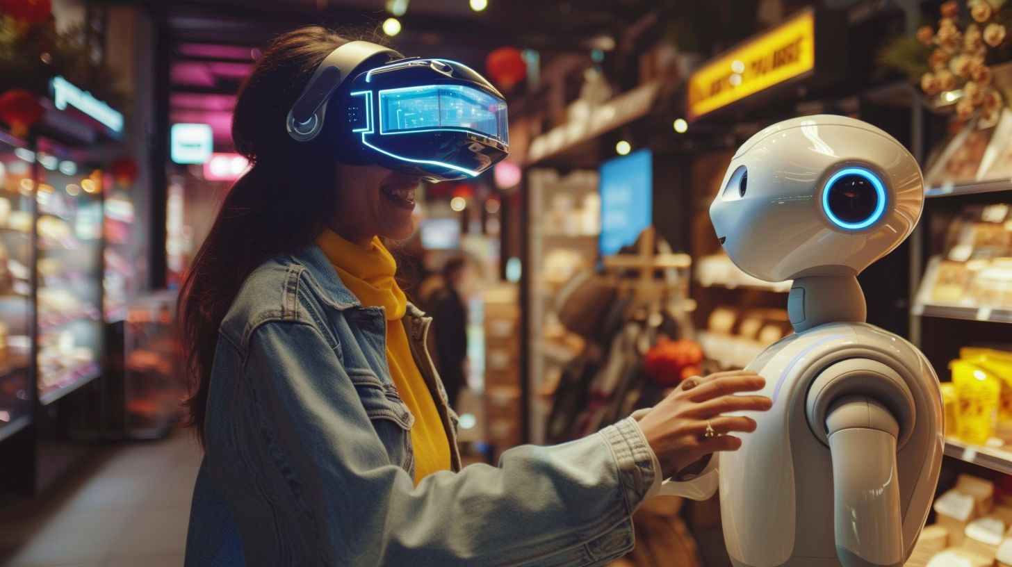 A customer is assisted by a futuristic AI robot in a virtual store.