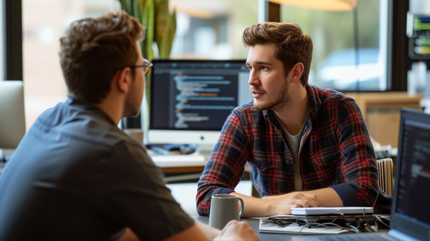 A professional discussing code with a Magento developer.