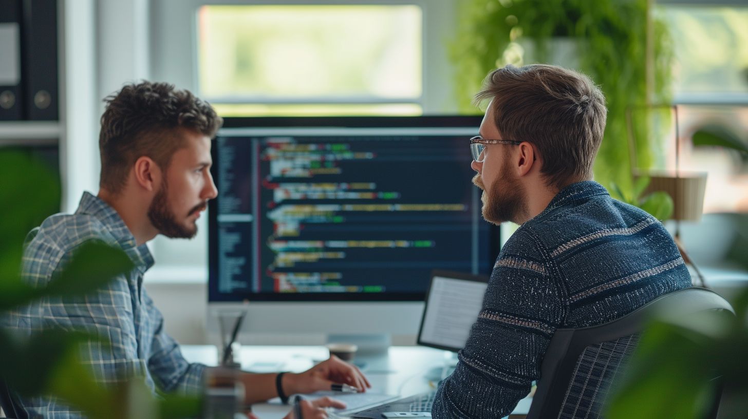 A professional discussing code with a Magento developer.