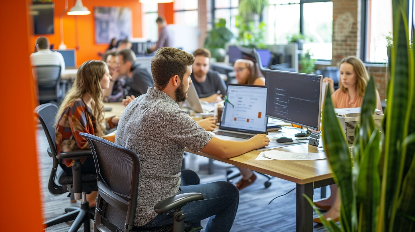 A group of Magento developers collaborate in a modern office workspace.