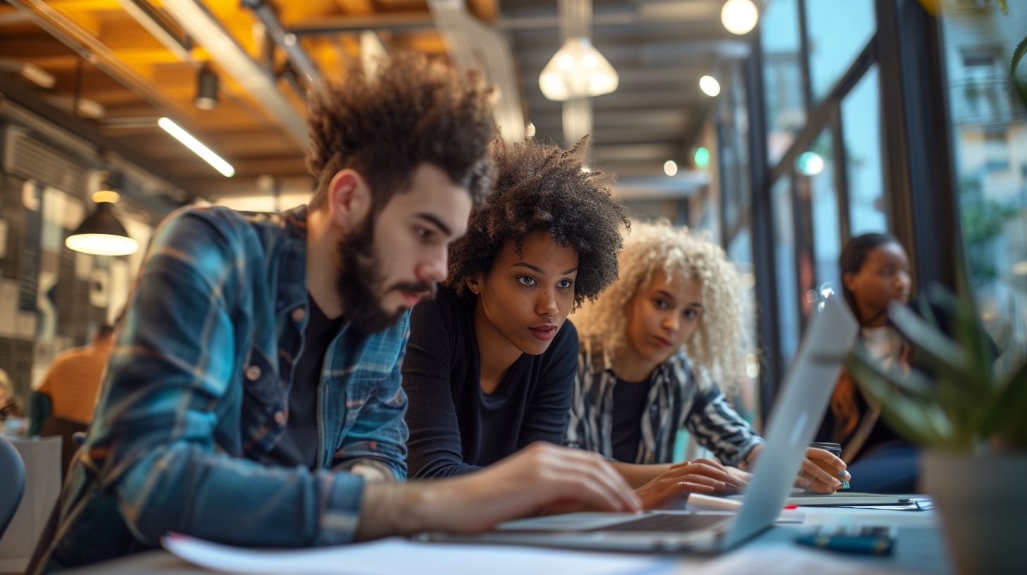 A diverse group works together on a laptop in a modern office.