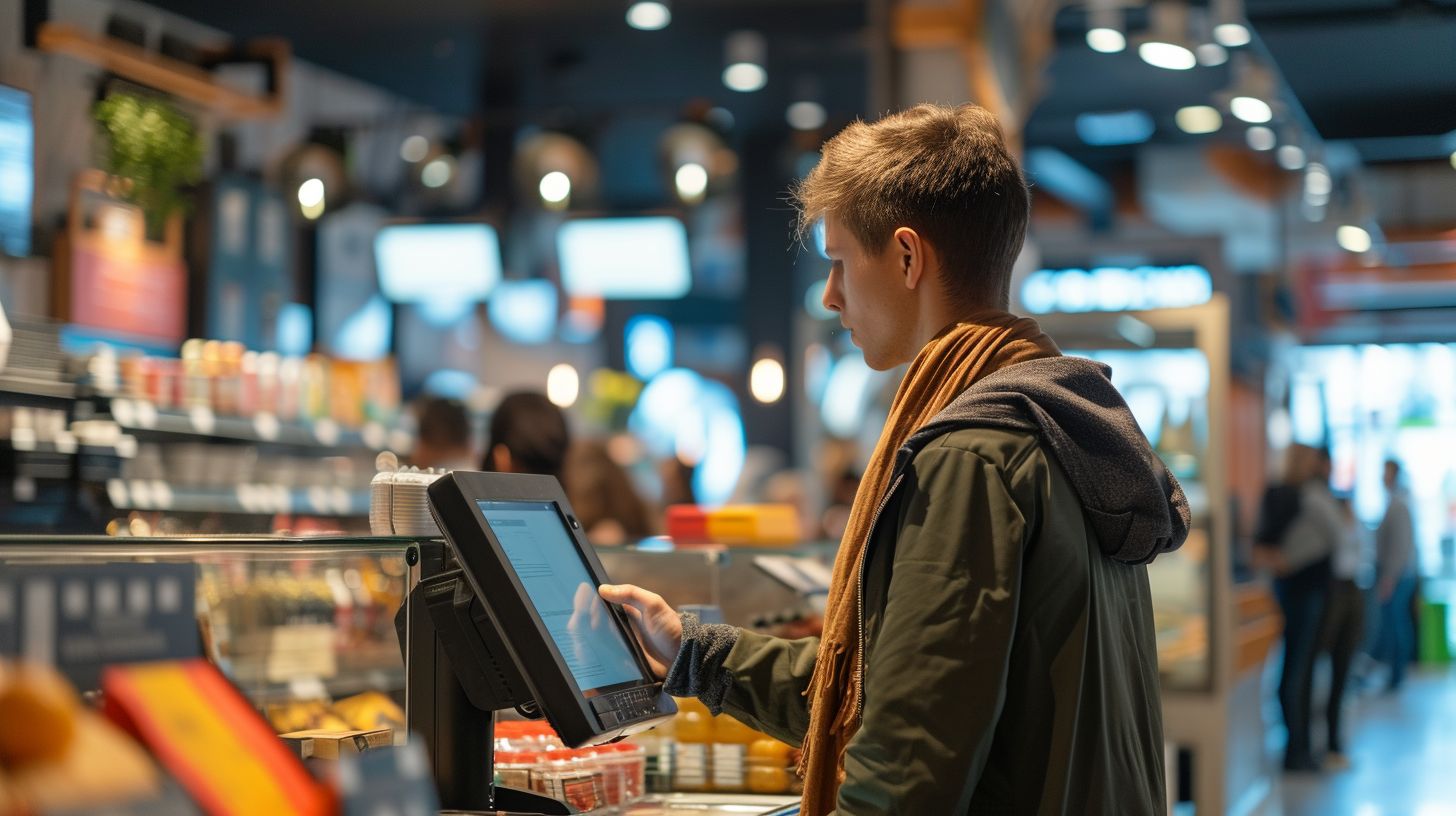 A modern POS system in a busy retail environment with a person.