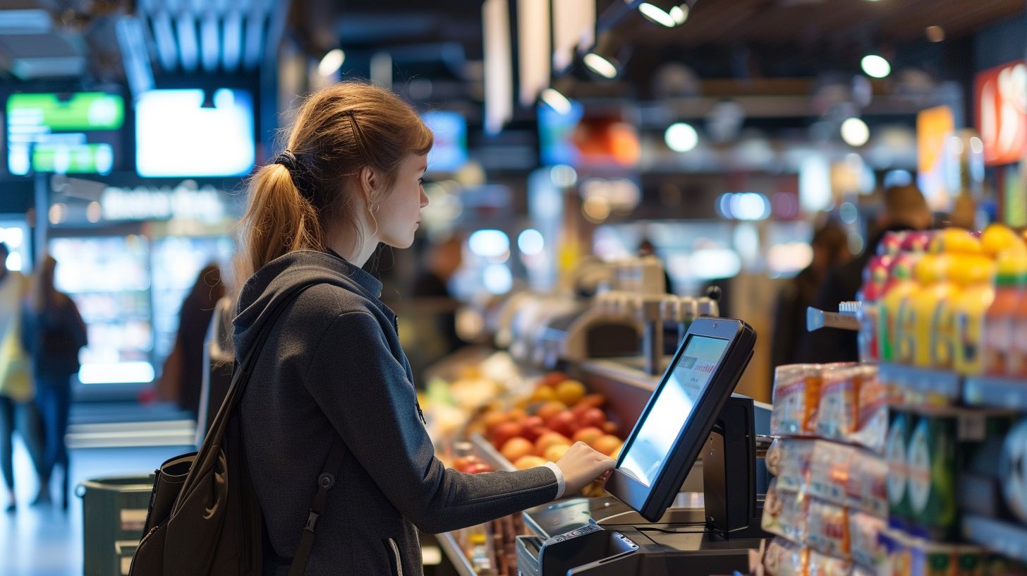 A modern POS system in a busy retail environment with a person.