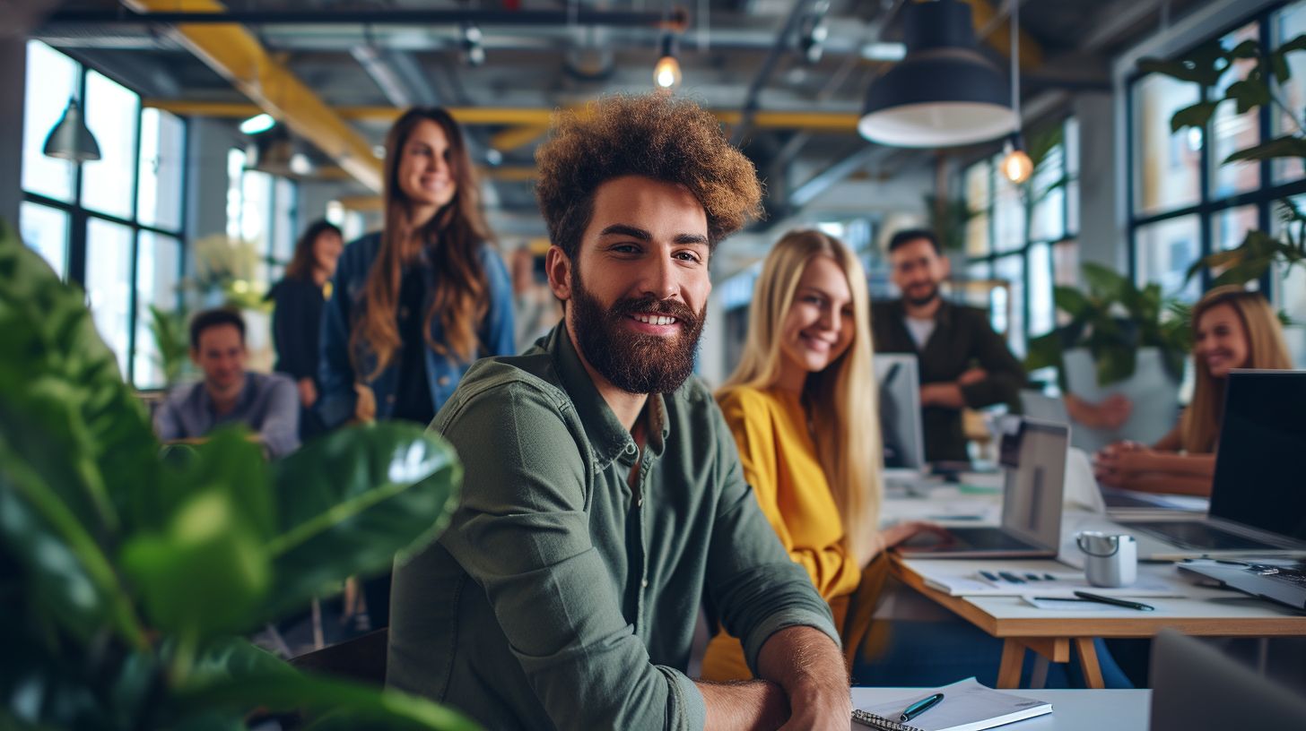 A group of successful e-commerce entrepreneurs in a modern office.