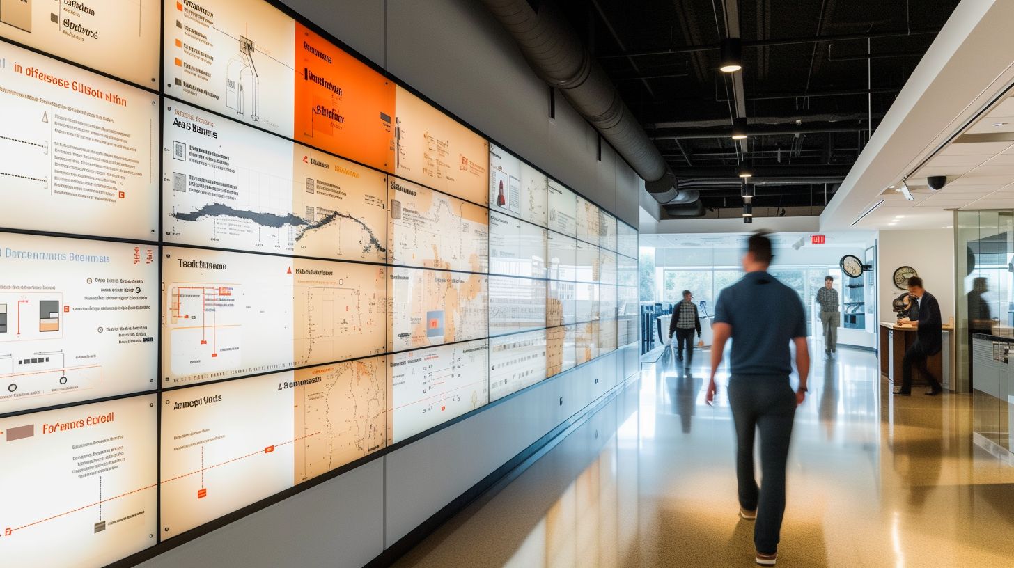 A timeline wall display showcasing Magento's development and corporate environment.