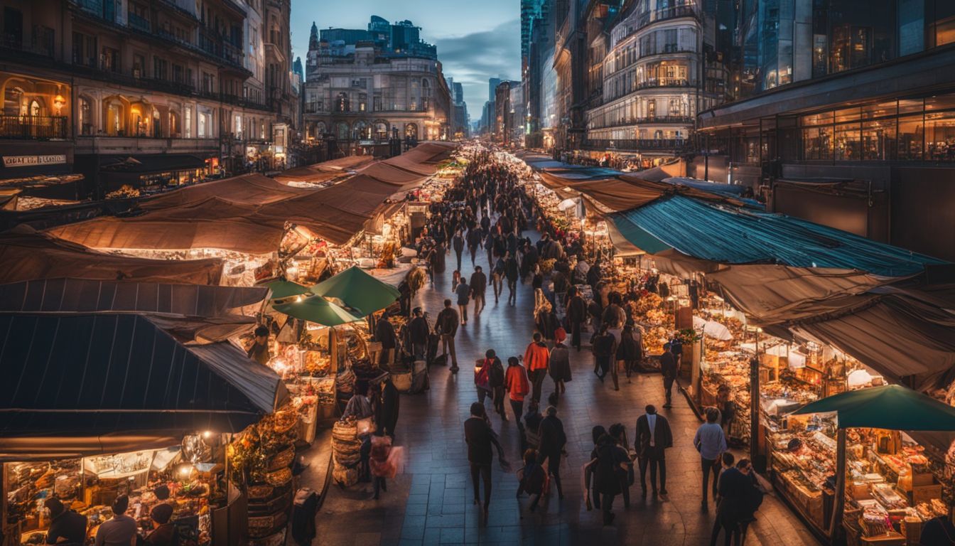 A bustling marketplace with various e-commerce platforms and satisfied customers.
