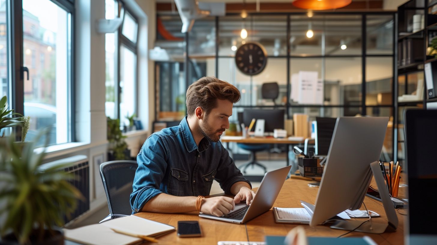 An entrepreneur studying a Magento user guide in a modern office.
