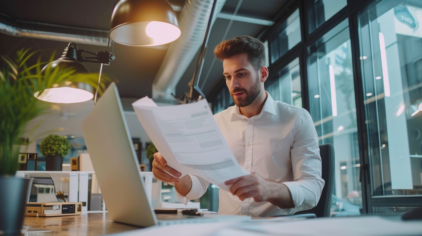An entrepreneur studying a Magento user guide in a modern office.