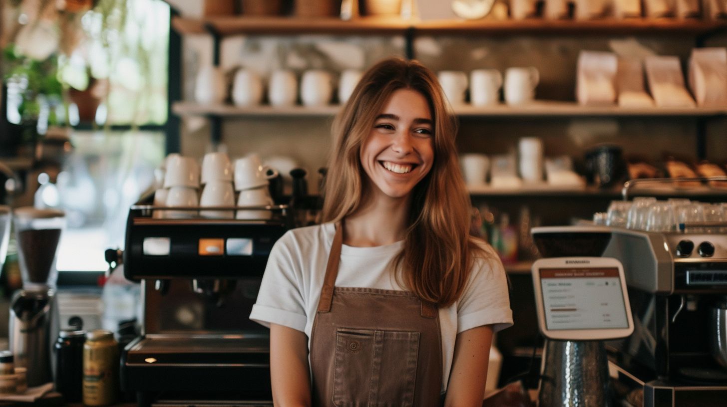 A smiling barista uses a free Magento POS system in a cozy coffee shop.