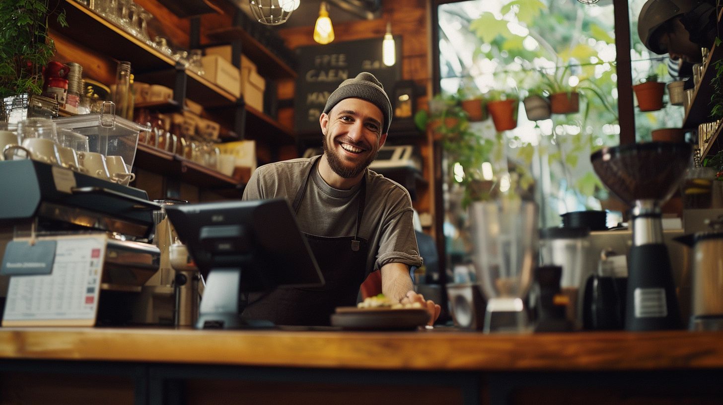 A smiling barista uses a free Magento POS system in a cozy coffee shop.