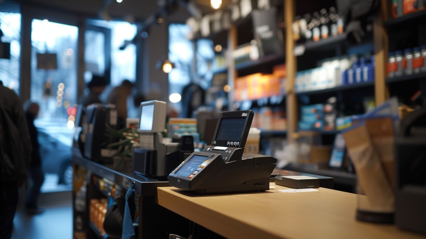 A modern, sleek POS system in use in a busy store.