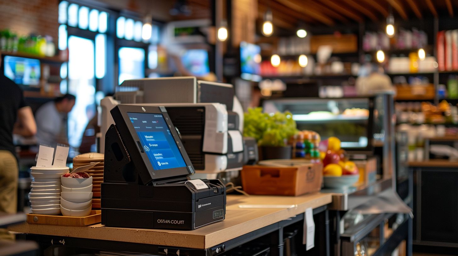 A modern, sleek POS system in use in a busy store.