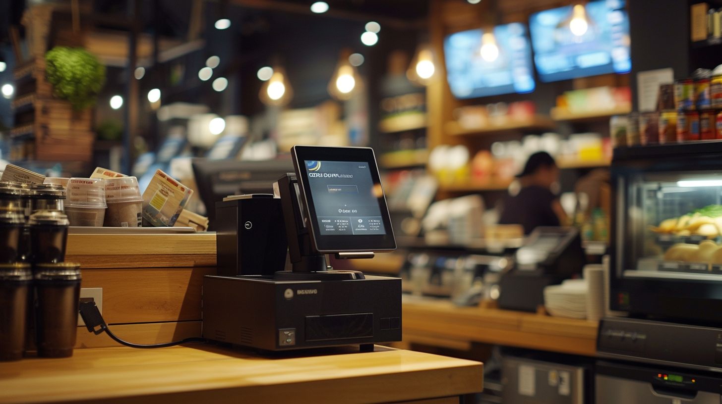 A modern, sleek POS system in use in a busy store.