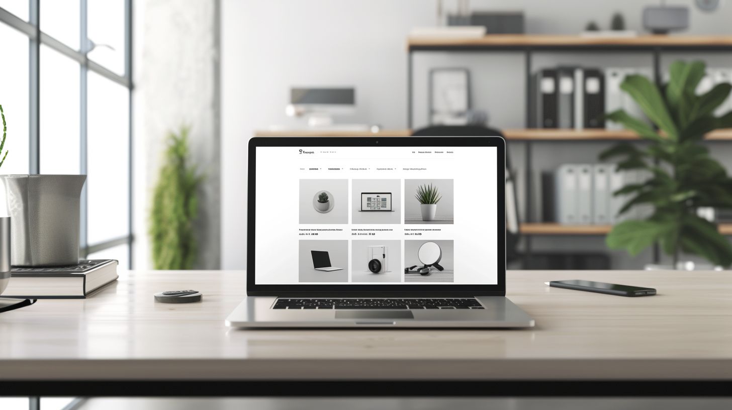 A laptop displaying a professionally designed Magento landing page in a modern workspace.