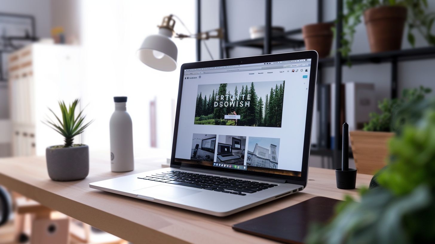 A laptop displaying a professionally designed Magento landing page in a modern workspace.