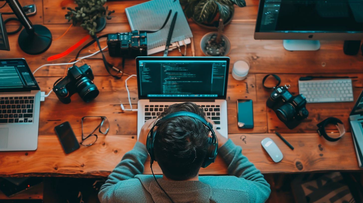 A Magento developer working on a laptop surrounded by project management tools.