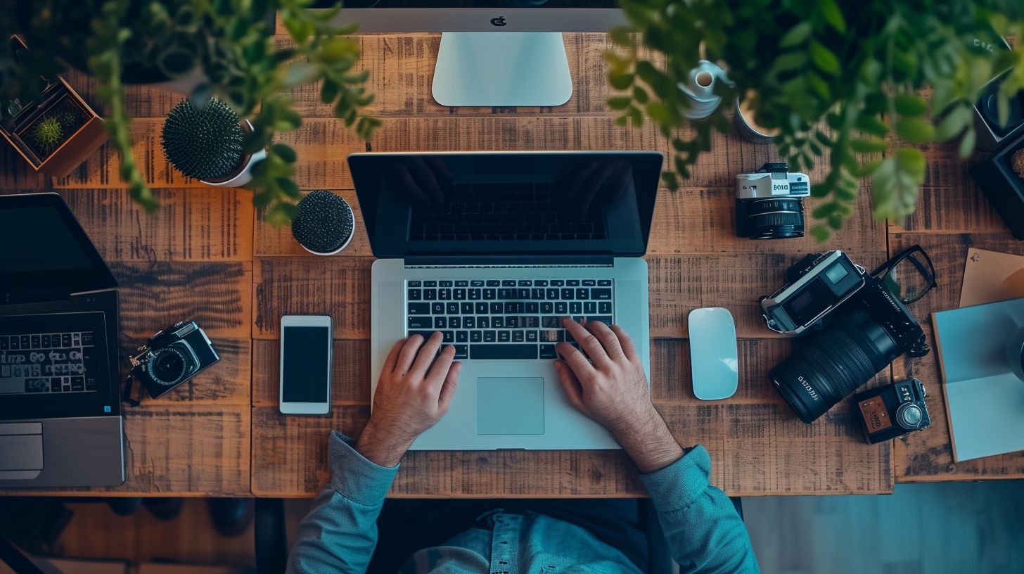 A Magento developer working on a laptop surrounded by project management tools.
