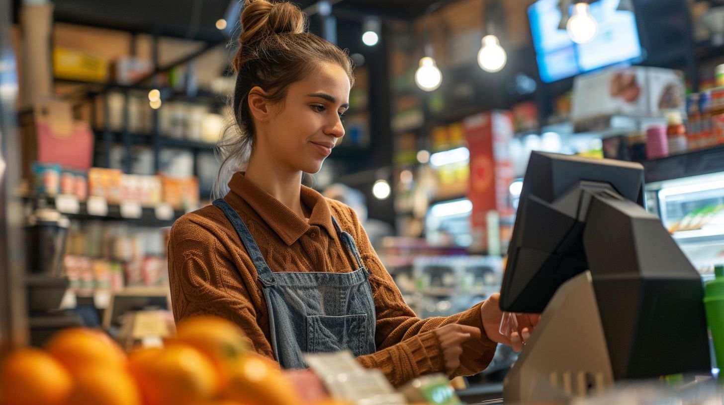 A retail store employee processing a transaction using a POS system.