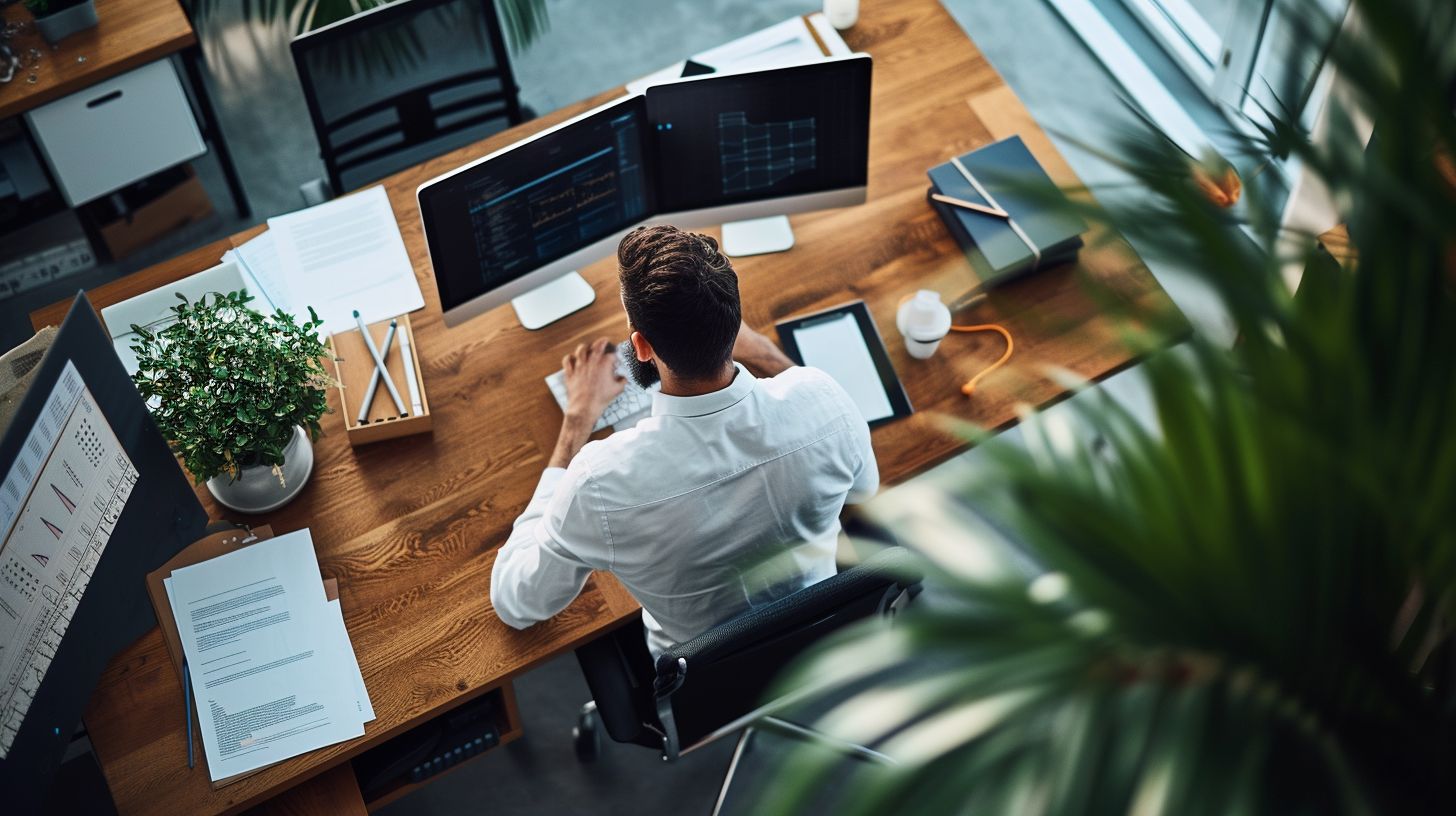 An AI-powered digital marketing strategist analyzing customer behavior data in a tech-infused office.
