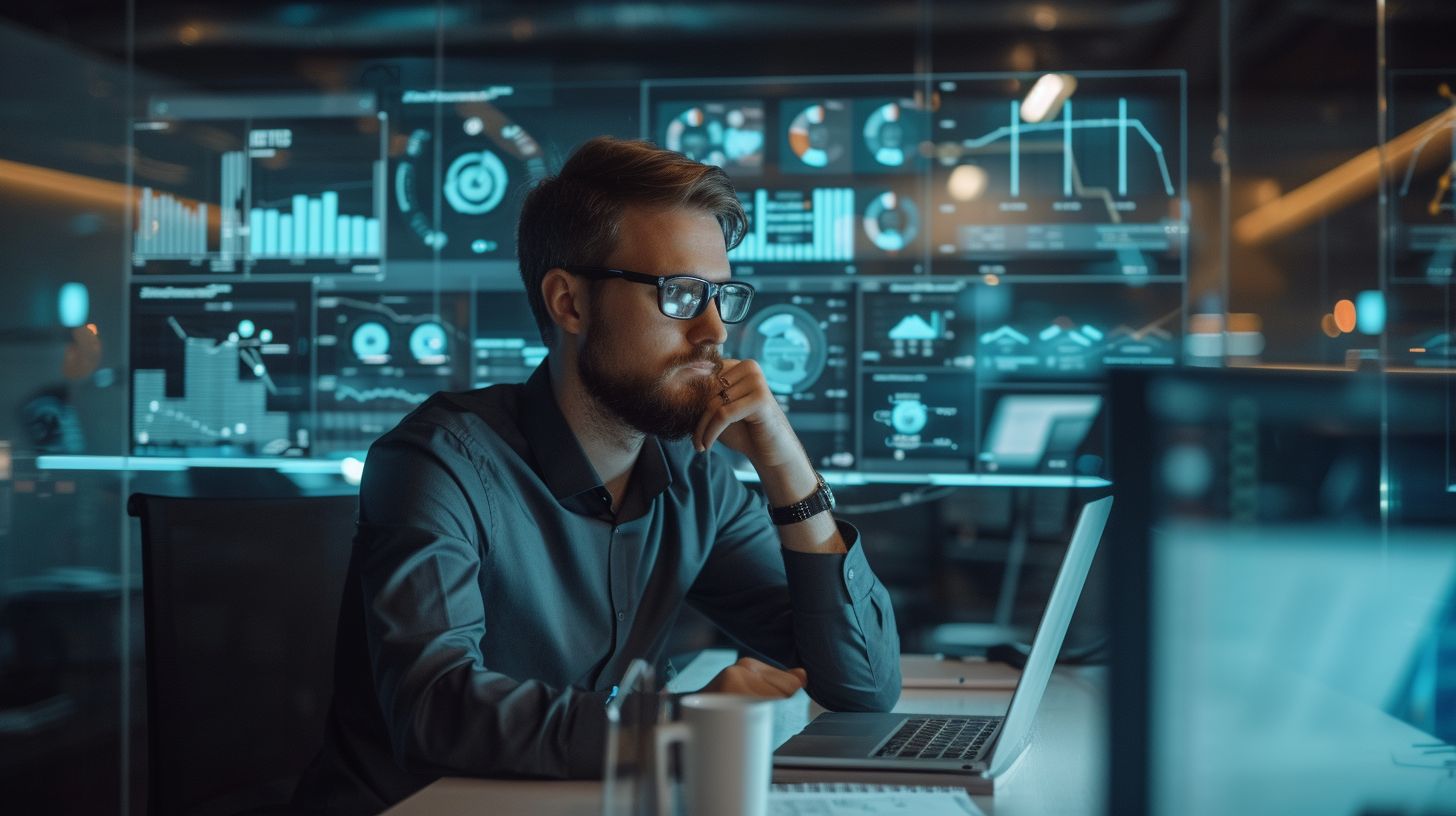 An AI-powered digital marketing strategist analyzing customer behavior data in a tech-infused office.