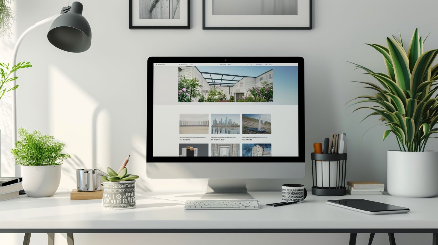 A modern desk setup featuring a computer displaying Magento landing page templates.