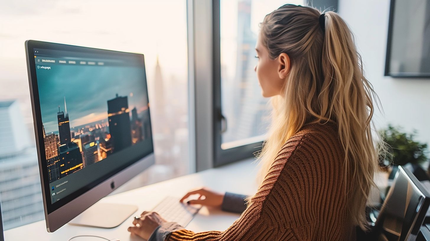 A woman customizing a landing page in Magento 2 with cityscape photography.