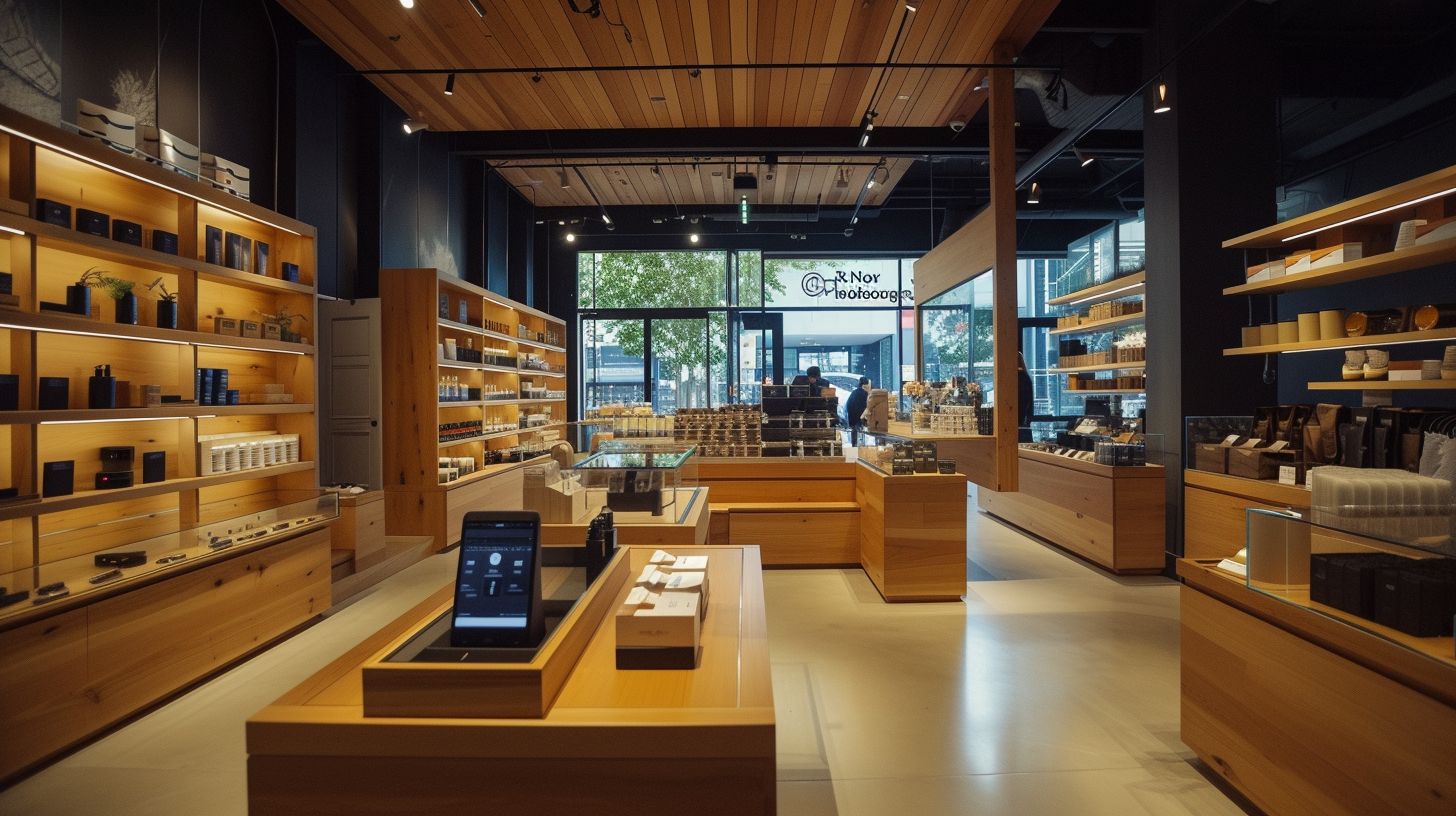 A modern retail store with staff using POS systems for Magento.