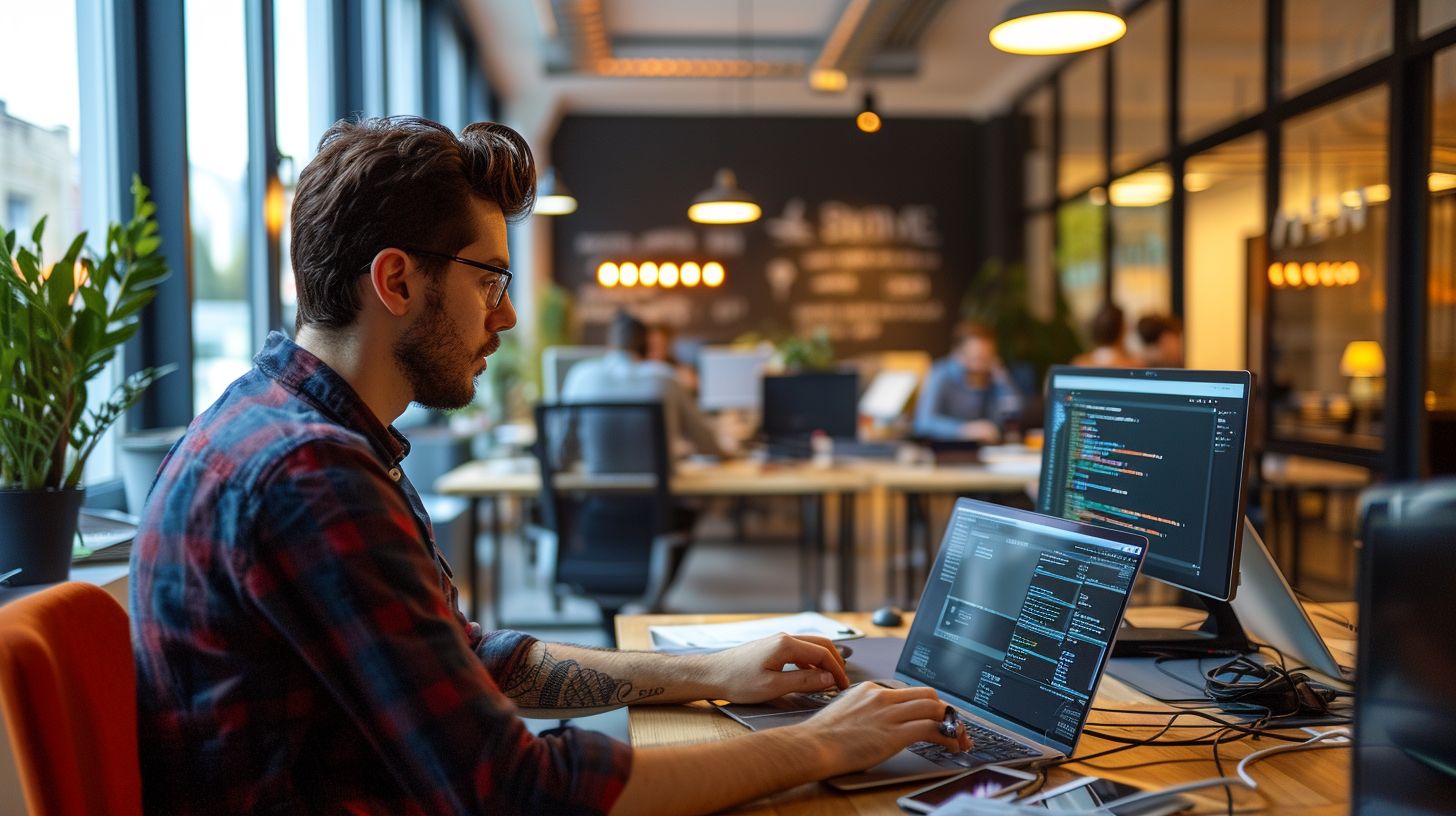 A Magento developer coding in a modern office with a tech atmosphere.