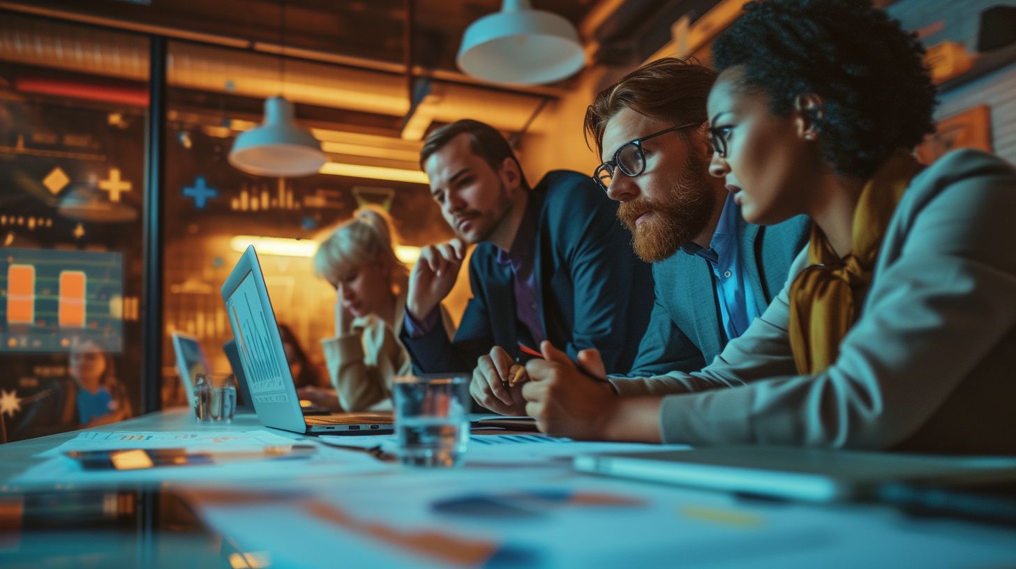 A diverse team analyzing data together in a professional setting.