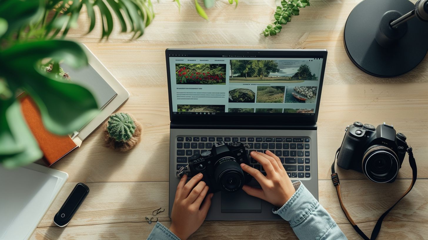 A person customizing a landing page on a laptop with a DSLR camera.