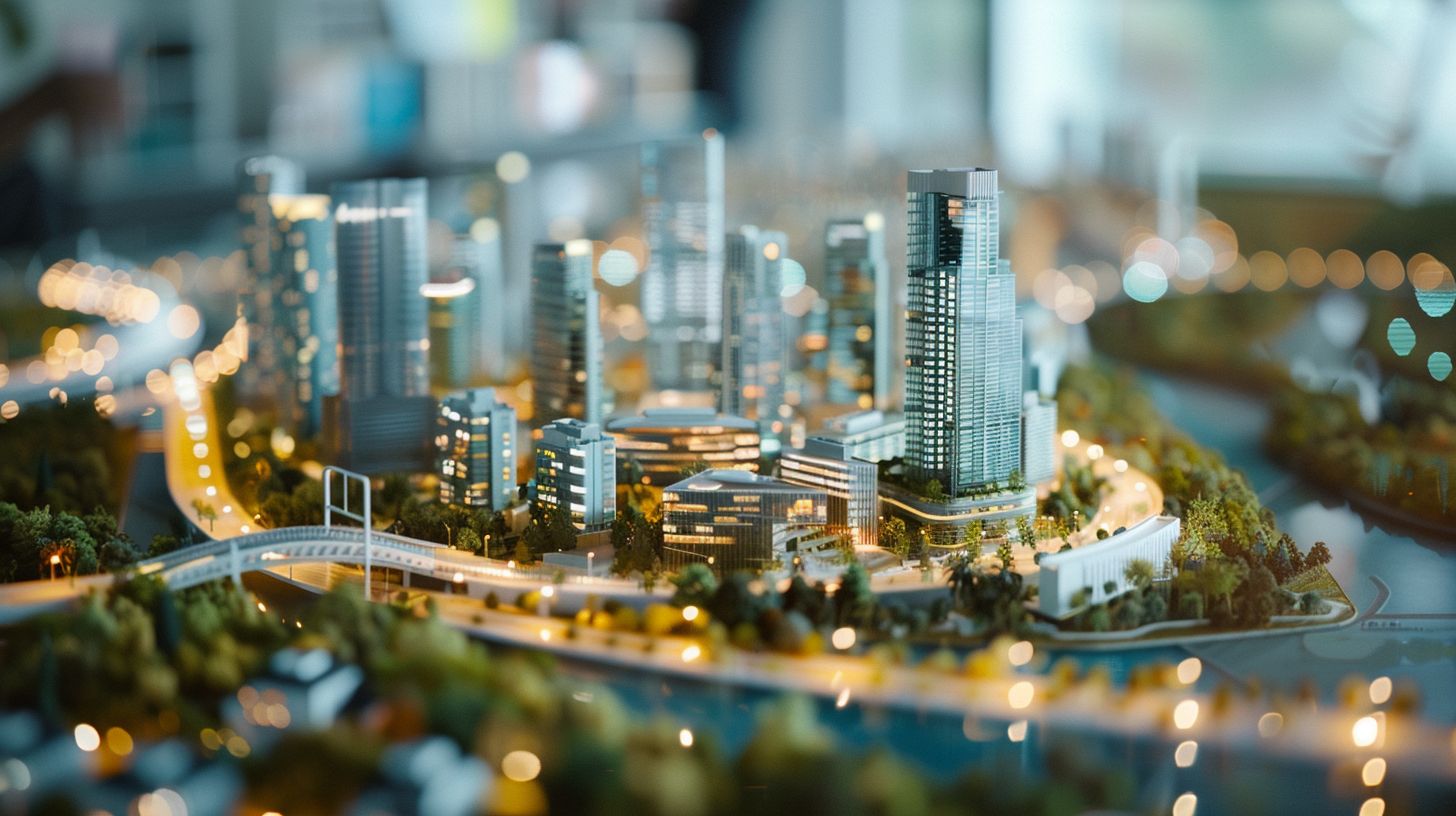 An architectural model surrounded by cutting-edge AI technology in a cityscape.