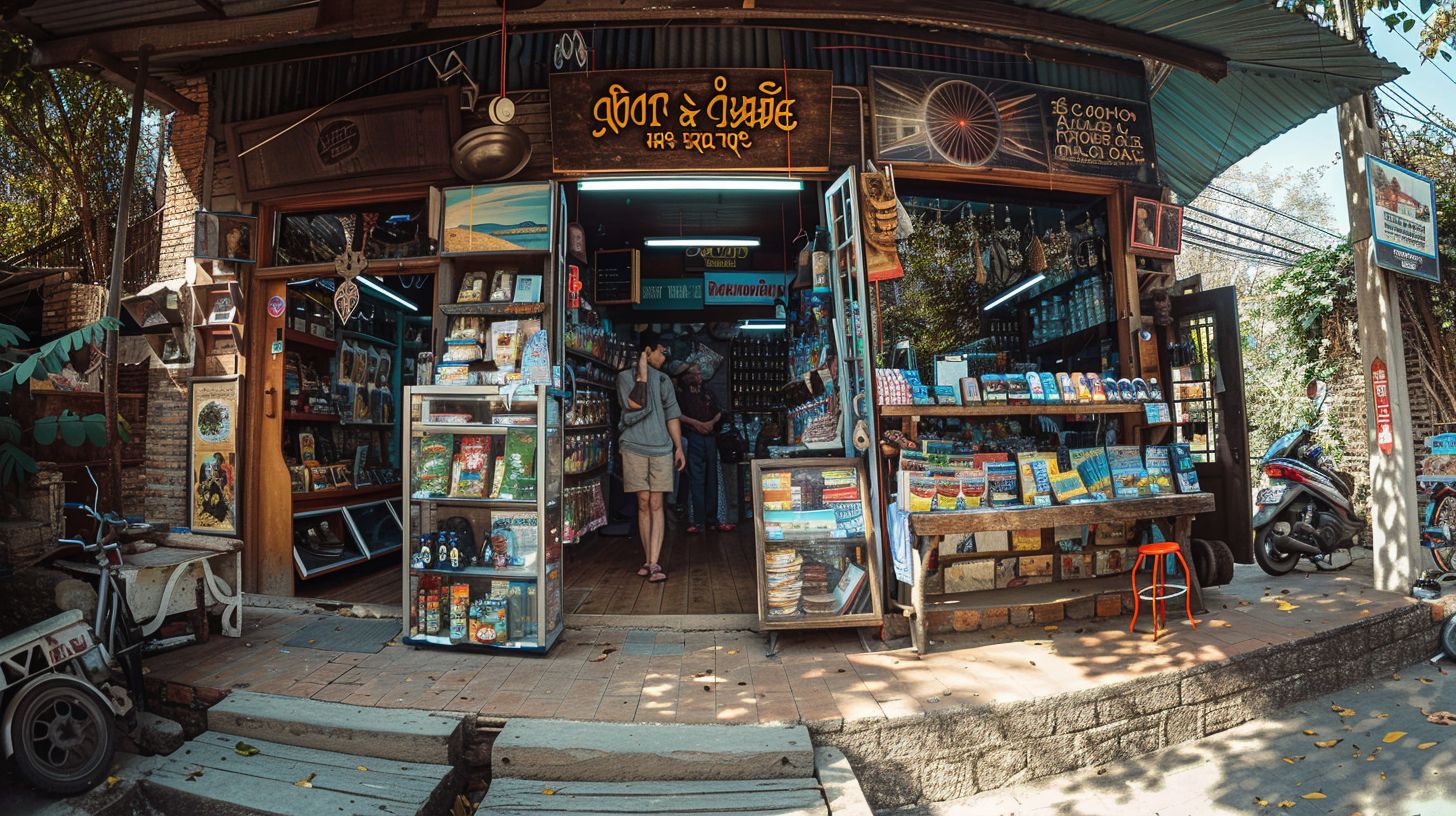 A rustic storefront surrounded by vibrant local businesses.