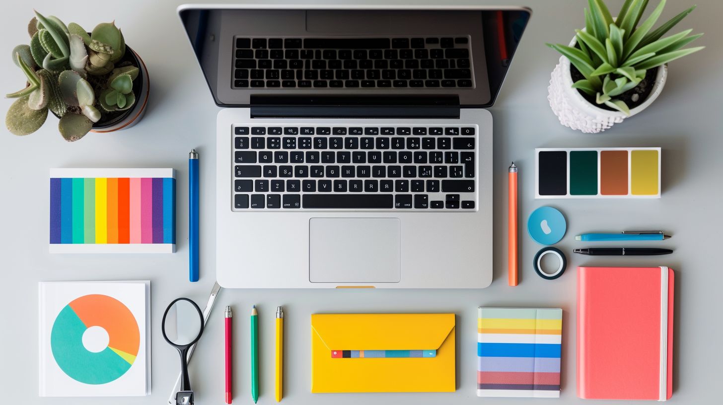 A wide-angle shot of an open laptop surrounded by SEO-related items.