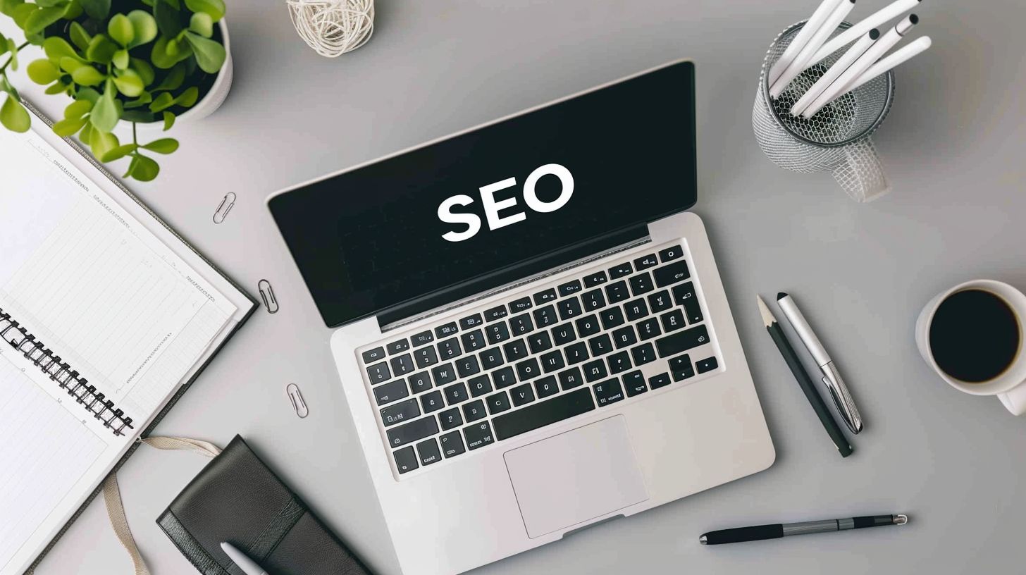 A wide-angle shot of an open laptop surrounded by SEO-related items.