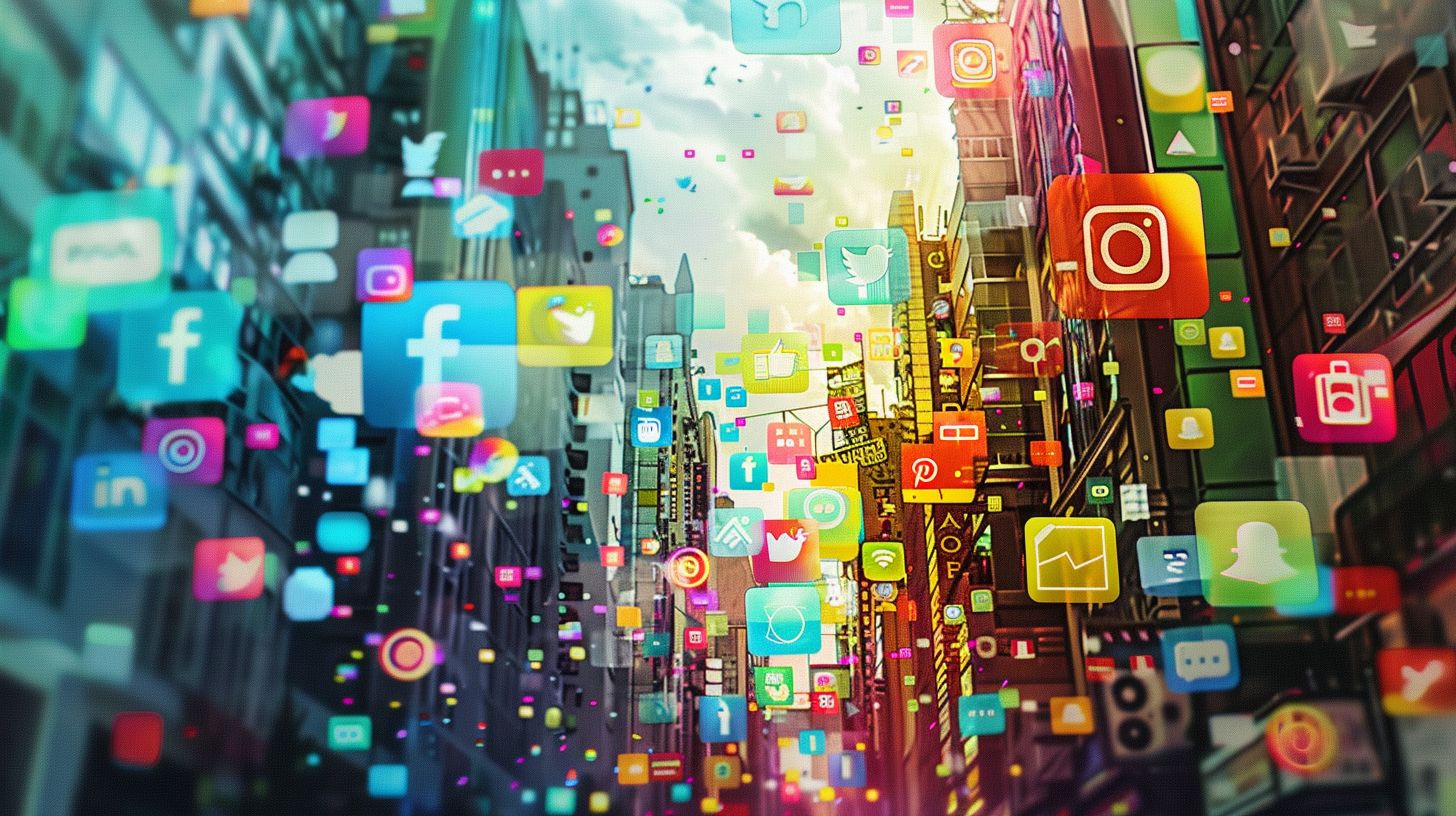 A wide-angle cityscape with vibrant social media icons. A wide-angle cityscape with vibrant social media icons.