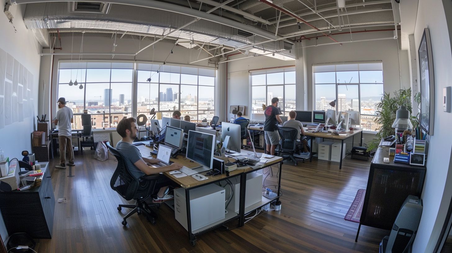 A website development team works together in a modern office space.