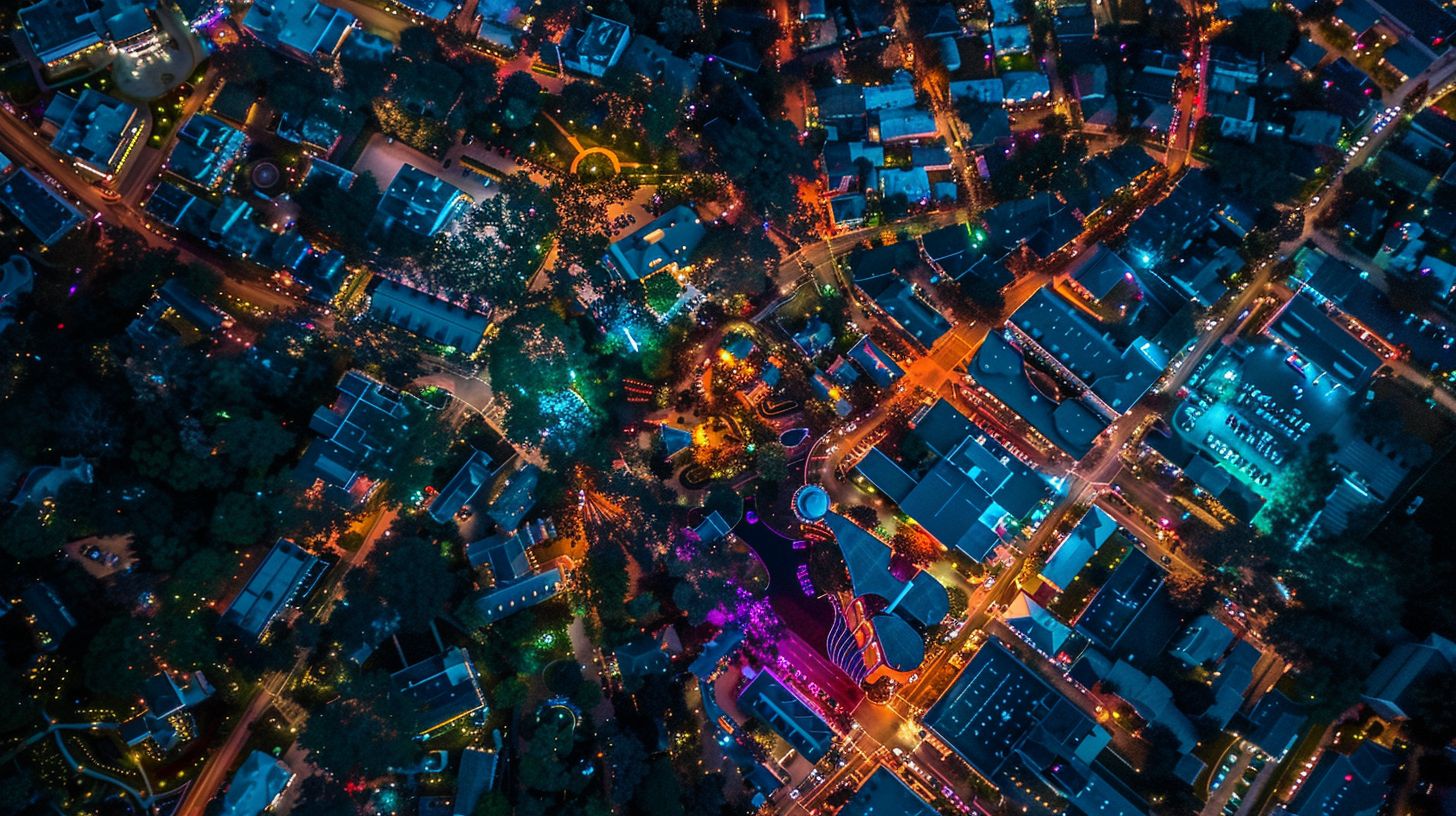 Aerial view of a vibrant city at night from 300 feet. Aerial view of a vibrant city at night from 300 feet.