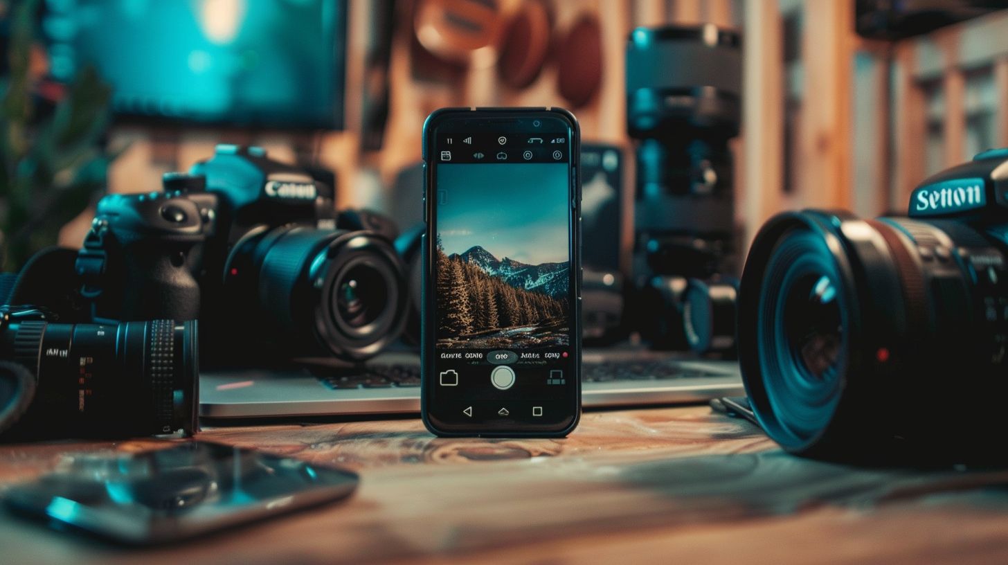 A smartphone with a high-resolution camera displaying a top-ranked photography website. A smartphone with a high-resolution camera displaying a top-ranked photography website.