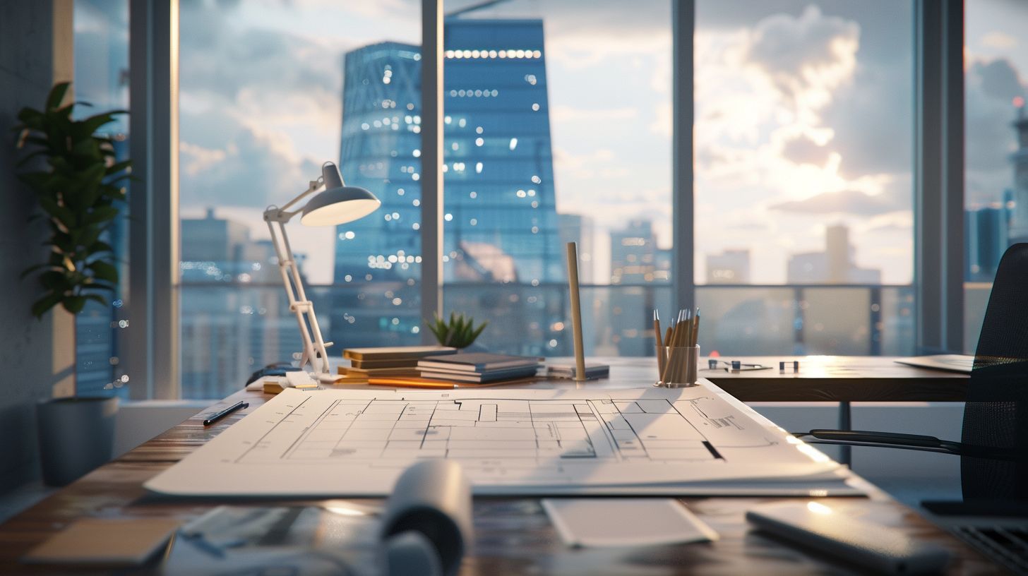 An architect's blueprint and tools on a modern desk, with cityscape photography.