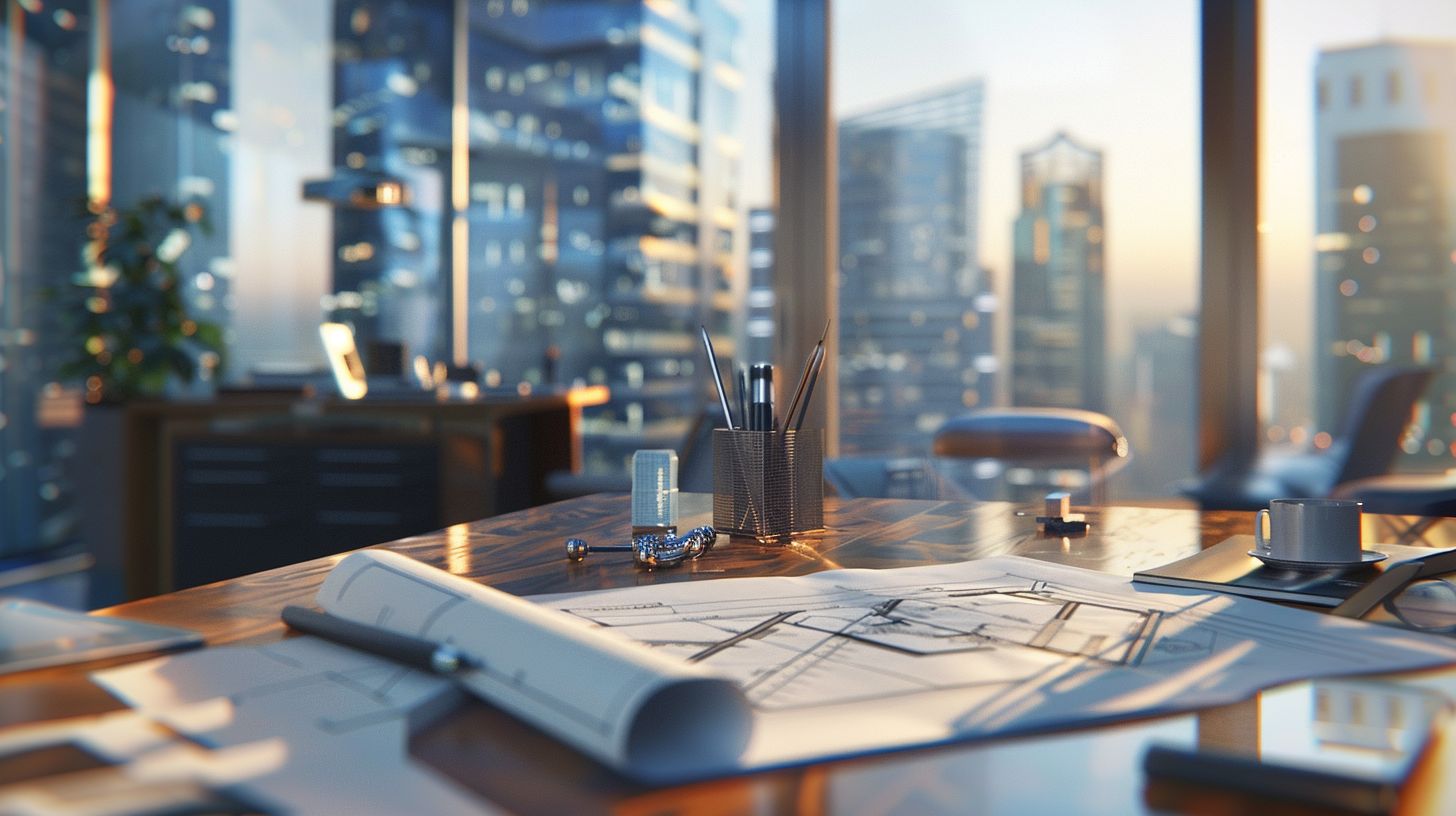An architect's blueprint and tools on a modern desk, with cityscape photography.