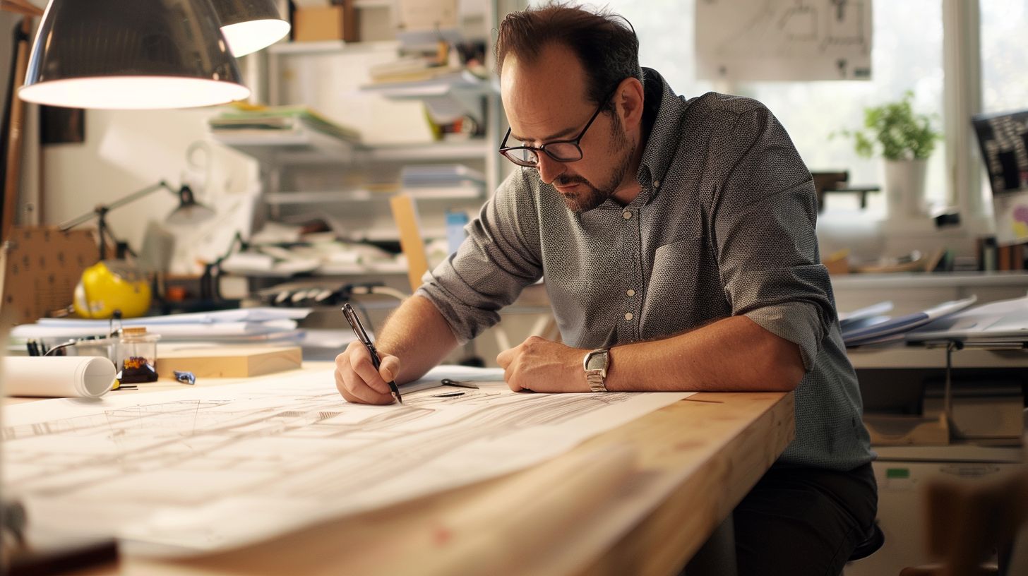 An architect sketching blueprints in a well-lit studio with wide-angle view.
