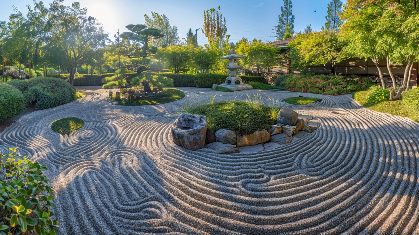 A serene zen garden with greenery and a peaceful water feature.