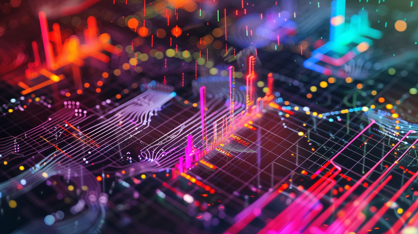 Aerial view of a colorful digital analytics dashboard captured with a drone.