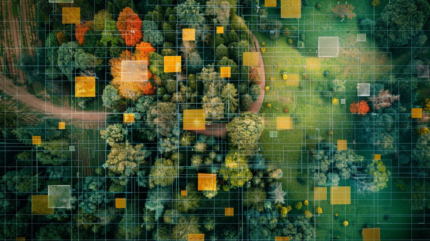 Aerial view of a colorful digital analytics dashboard captured with a drone.