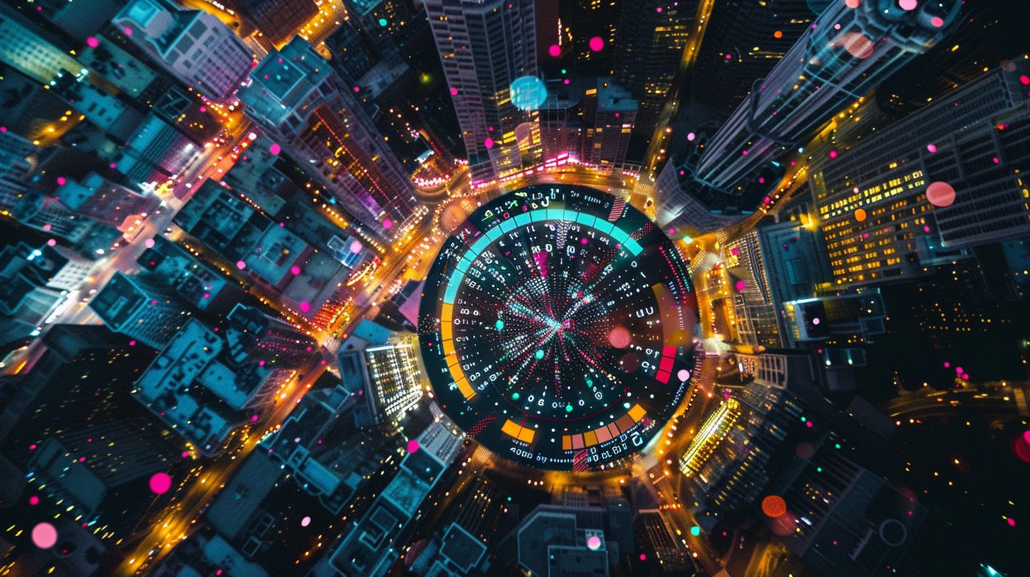 Aerial view of a colorful digital analytics dashboard captured with a drone.