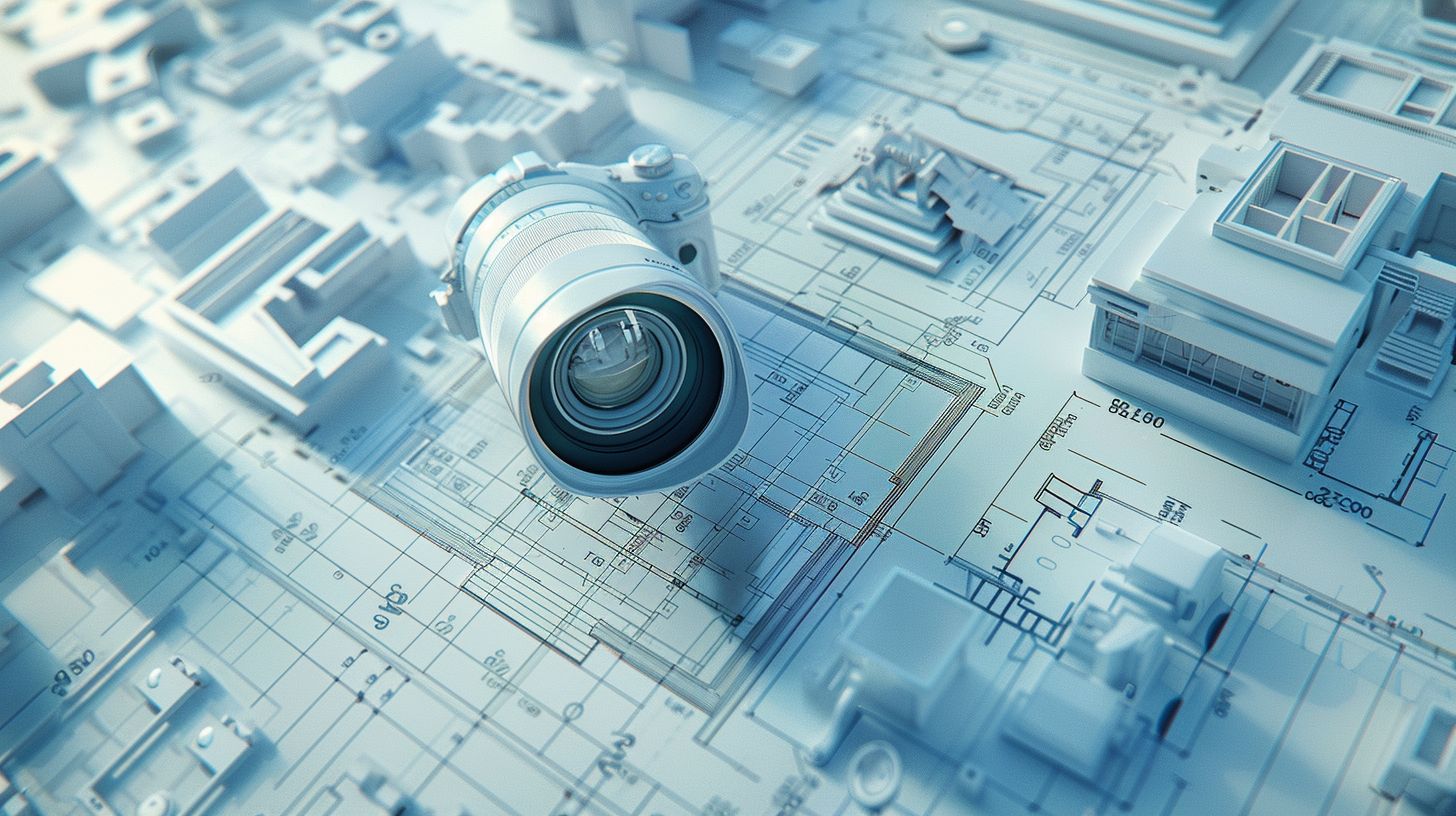 An architectural blueprint surrounded by digital SEO analytics and a DSLR camera.