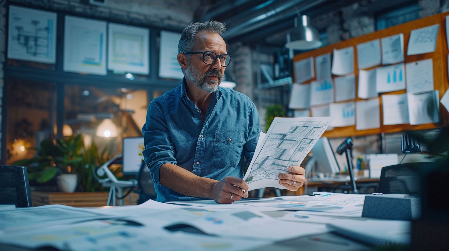 A professional architect is studying SEO data in a modern office.